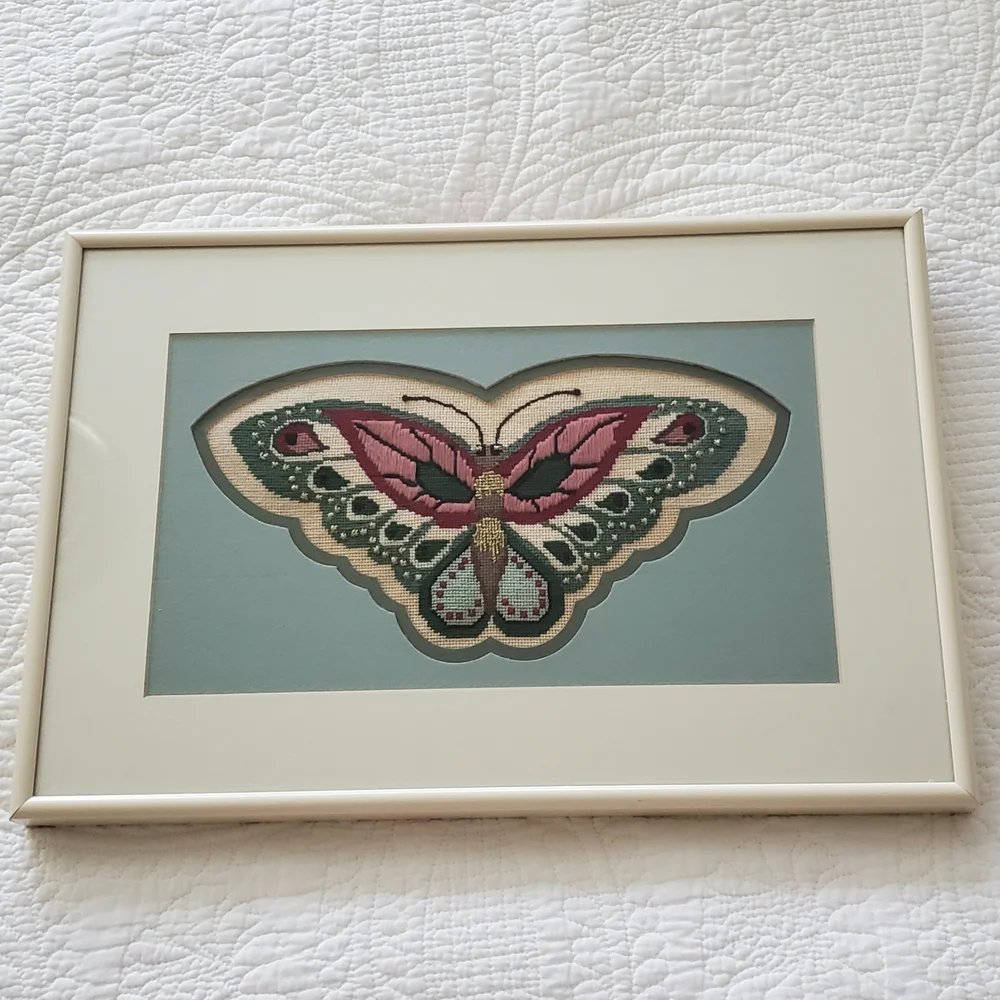Butterfly Picture Handmade Vintage Embroidery Tapestry with Gold detail Framed